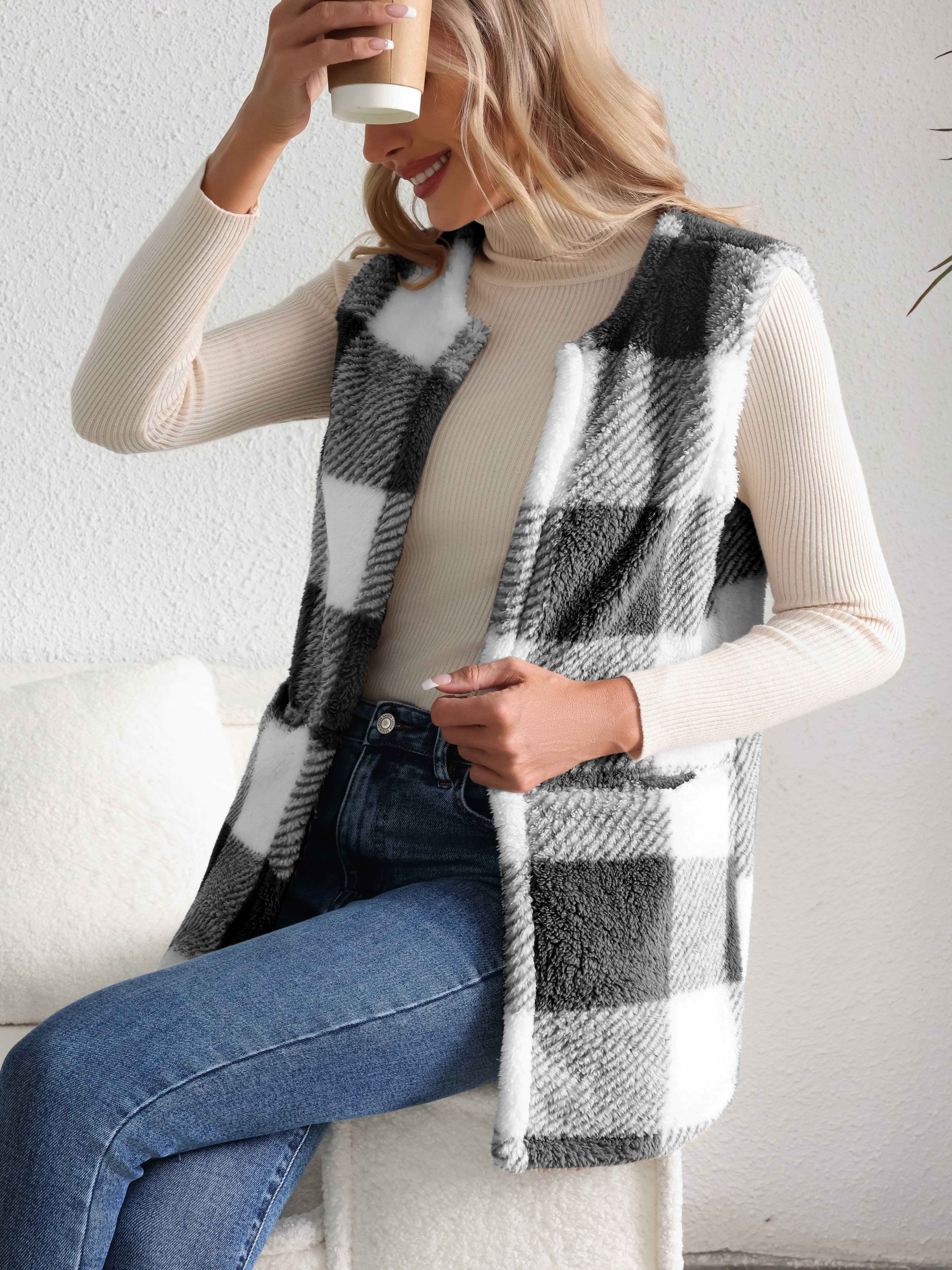 plaid open front teddy vest casual sleeveless winter vest with pocket womens clothing details 12