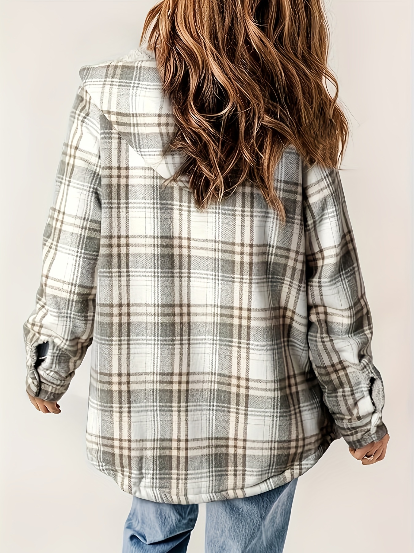 plaid pattern zip up jacket casual hooded long sleeve warm outwear womens clothing details 31