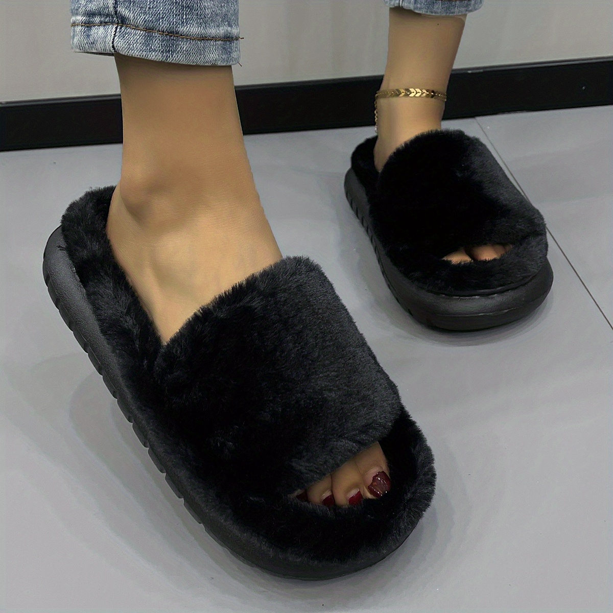 womens fuzzy plush platform slippers comfy open toe non slip bedroom shoes indoor outdoor shoes details 2