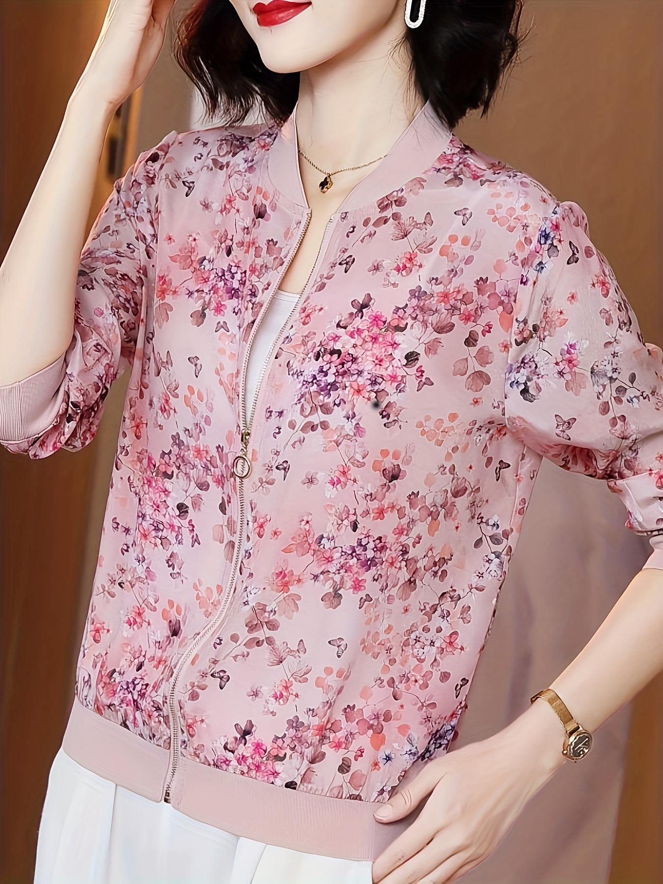 floral print zip up lightweight jacket casual long sleeve baseball collar outerwear for spring summer womens clothing details 17