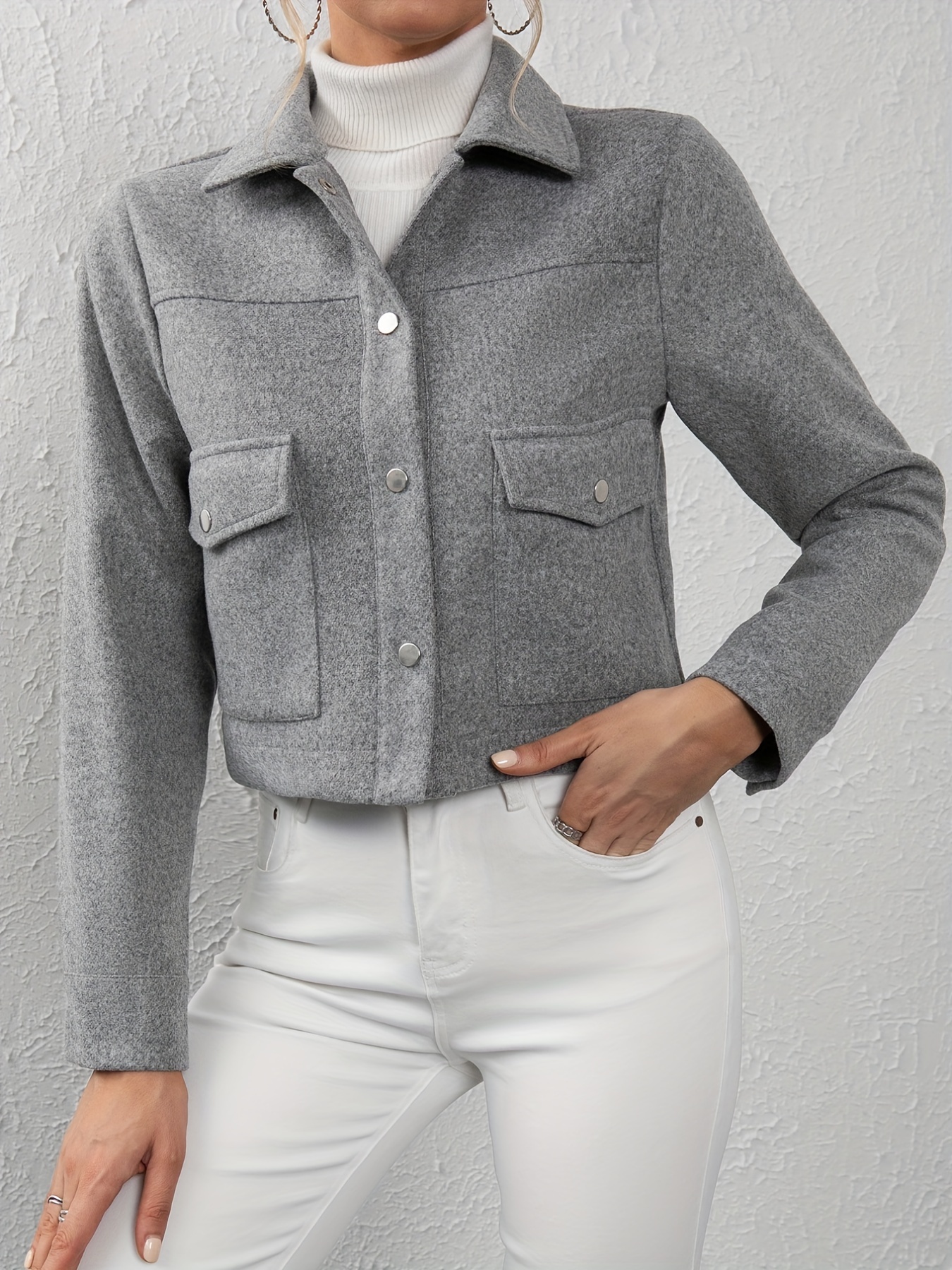 solid button front lapel neck jacket casual long sleeve outerwear for spring fall womens clothing details 8