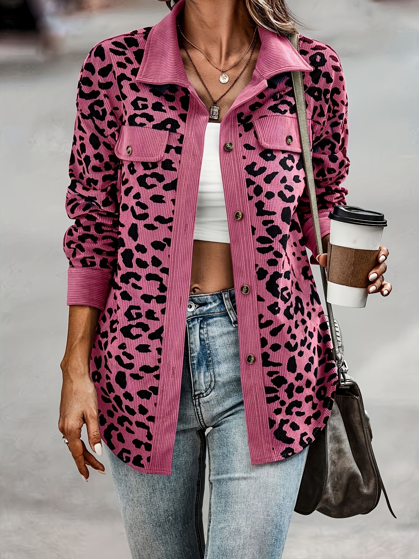 leopard print button front jacket casual long sleeve jacket for fall winter womens clothing details 2