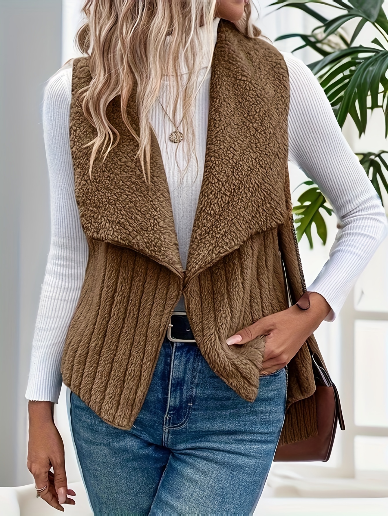 waterfall collar fuzzy vest elegant open front sleeveless vest womens clothing details 38