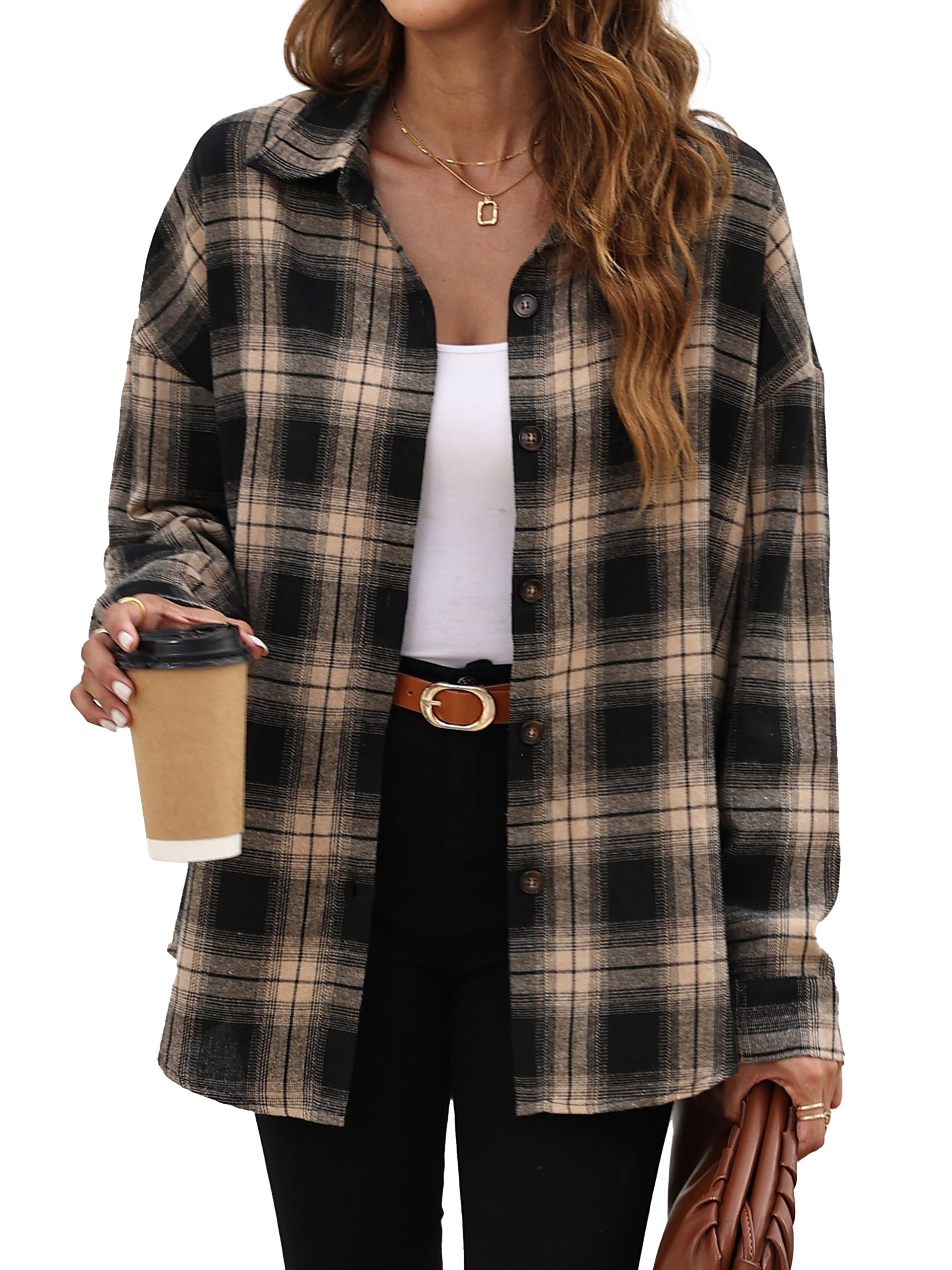 plaid pattern shacket jacket casual button front long sleeve outerwear womens clothing details 20