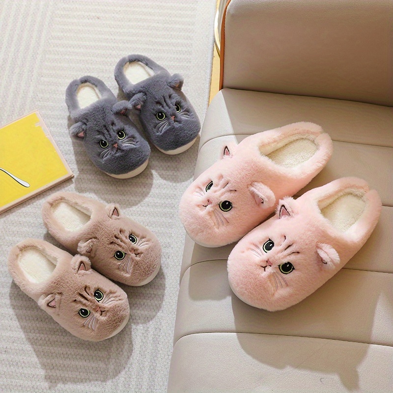 cute kitty plush novelty slippers warm cozy indoor fuzzy shoes womens bedroom slippers details 0