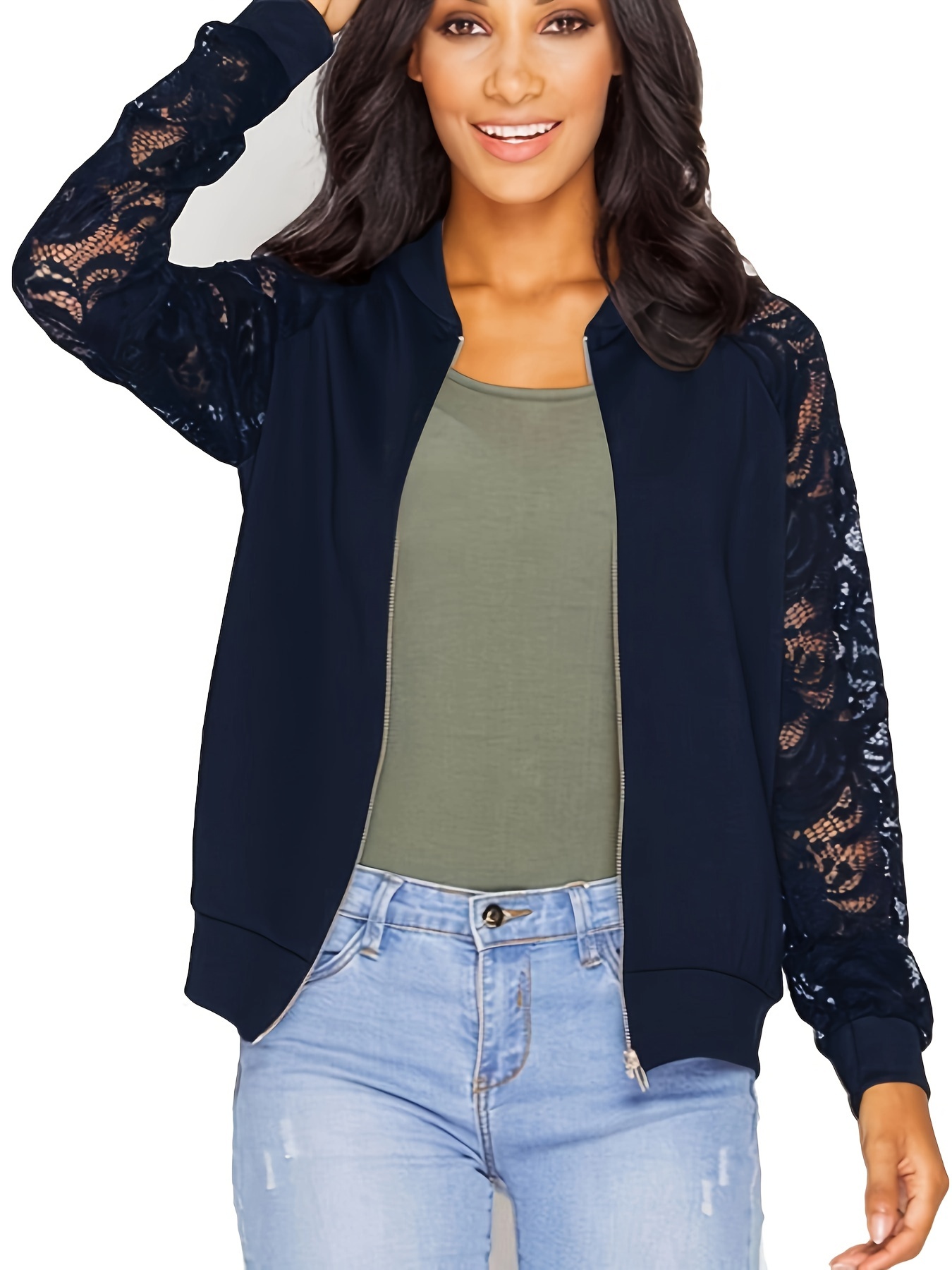 zip up lace panel jacket casual long sleeve jacket womens clothing details 11