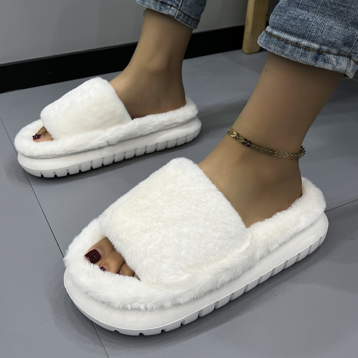 womens fuzzy plush platform slippers comfy open toe non slip bedroom shoes indoor outdoor shoes details 0