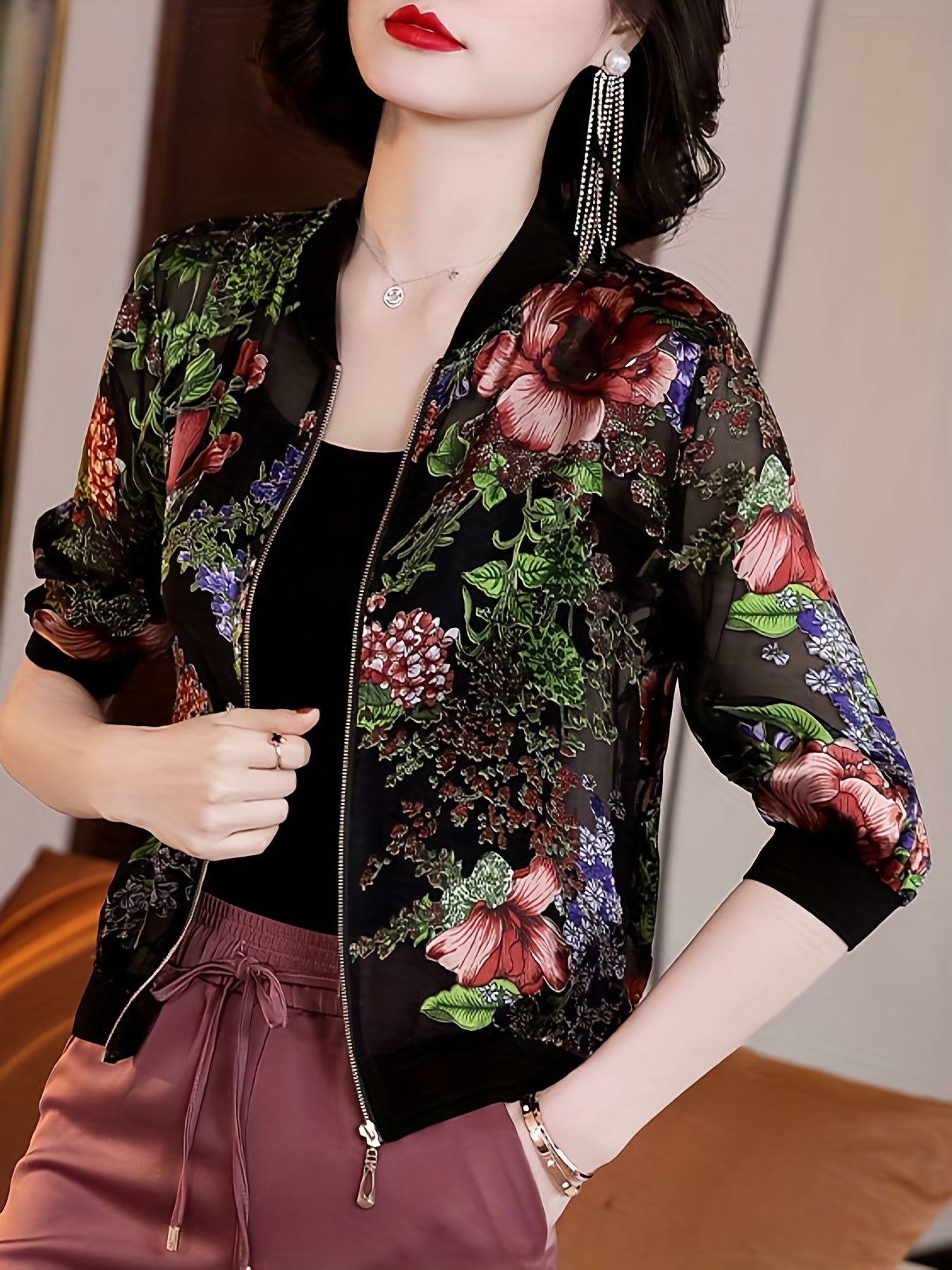 floral print zip up lightweight jacket casual long sleeve baseball collar outerwear for spring summer womens clothing details 7