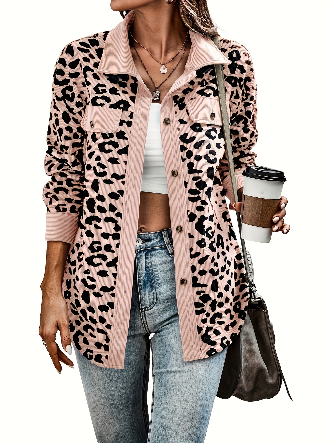leopard print button front jacket casual long sleeve jacket for fall winter womens clothing details 7