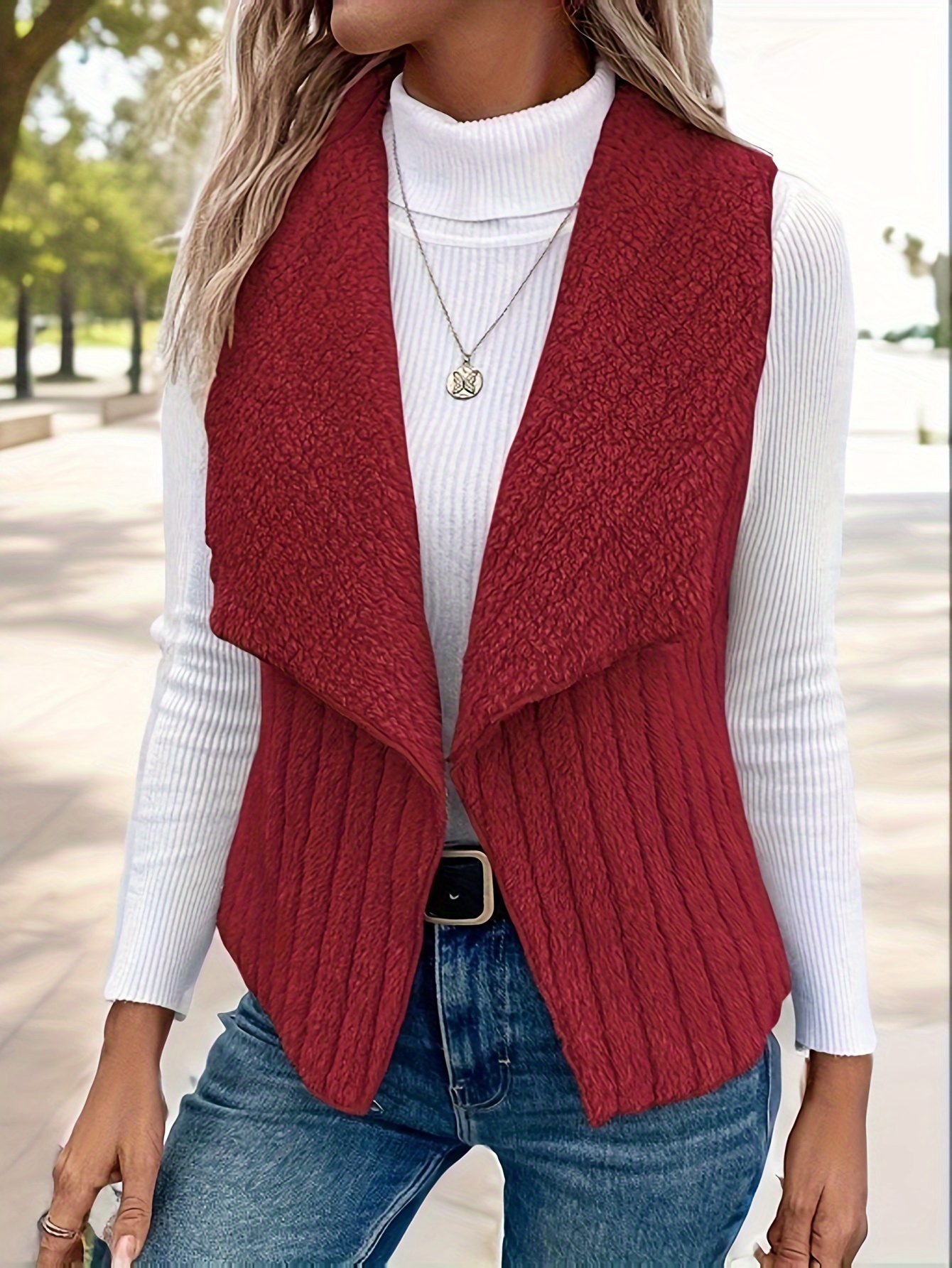 waterfall collar fuzzy vest elegant open front sleeveless vest womens clothing details 8