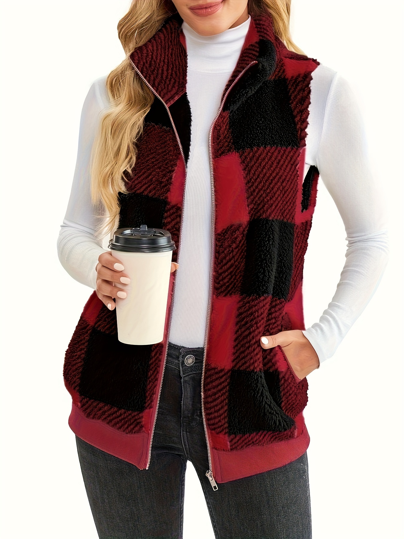 plaid stand collar teddy vest casual zip up sleeveless vest womens clothing details 3