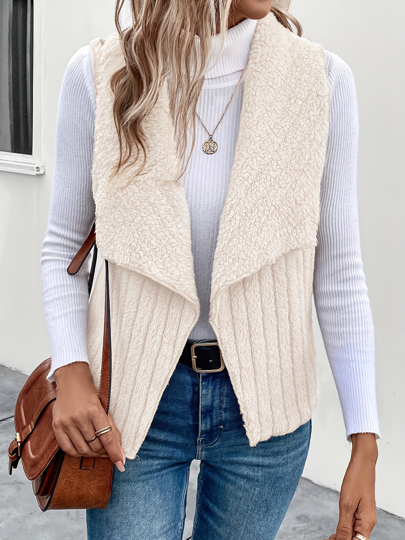 solid lapel open front vest versatile sleeveless outwear for fall winter womens clothing details 3