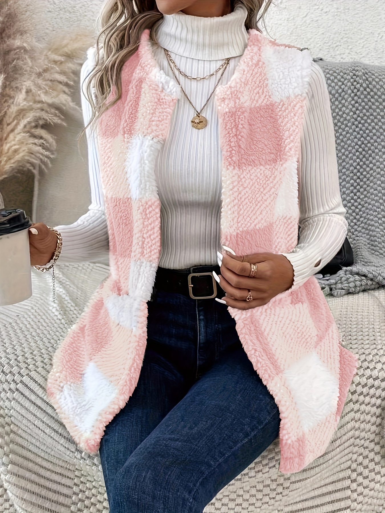 plaid open front teddy vest casual sleeveless winter vest with pocket womens clothing details 0