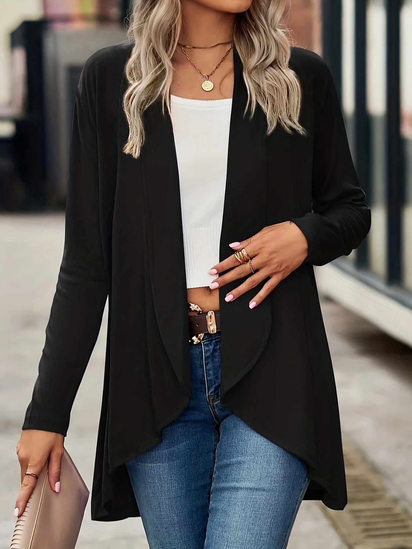 casual open front solid cardigan long sleeve cardigan for spring fall womens clothing details 28