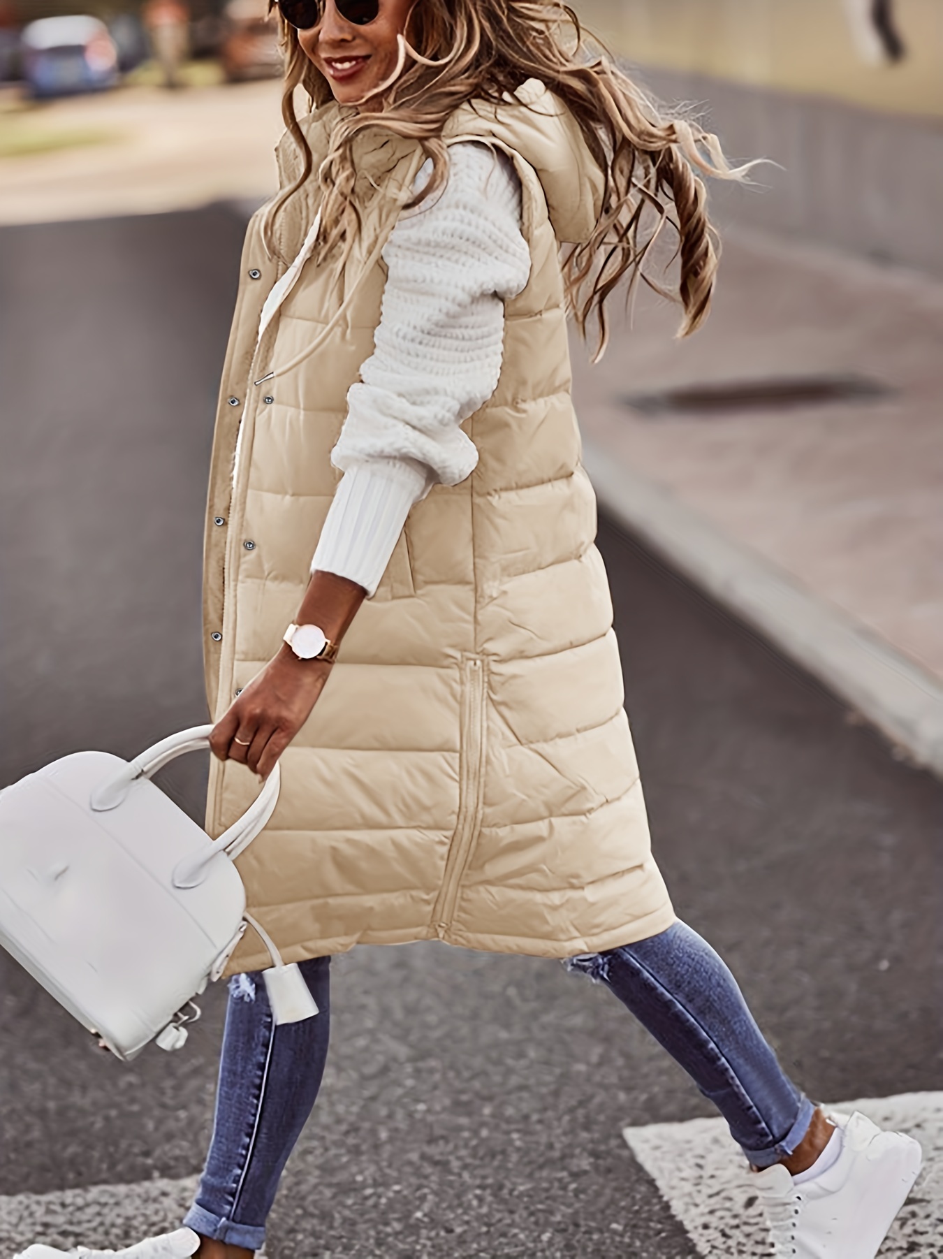 hooded sleeveless coat casual long length versatile winter warm outerwear womens clothing details 9