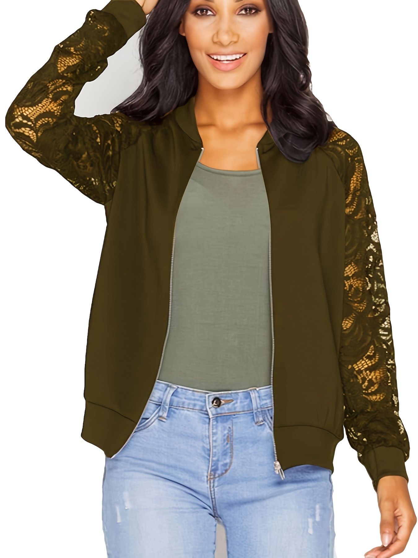 zip up lace panel jacket casual long sleeve jacket womens clothing details 12