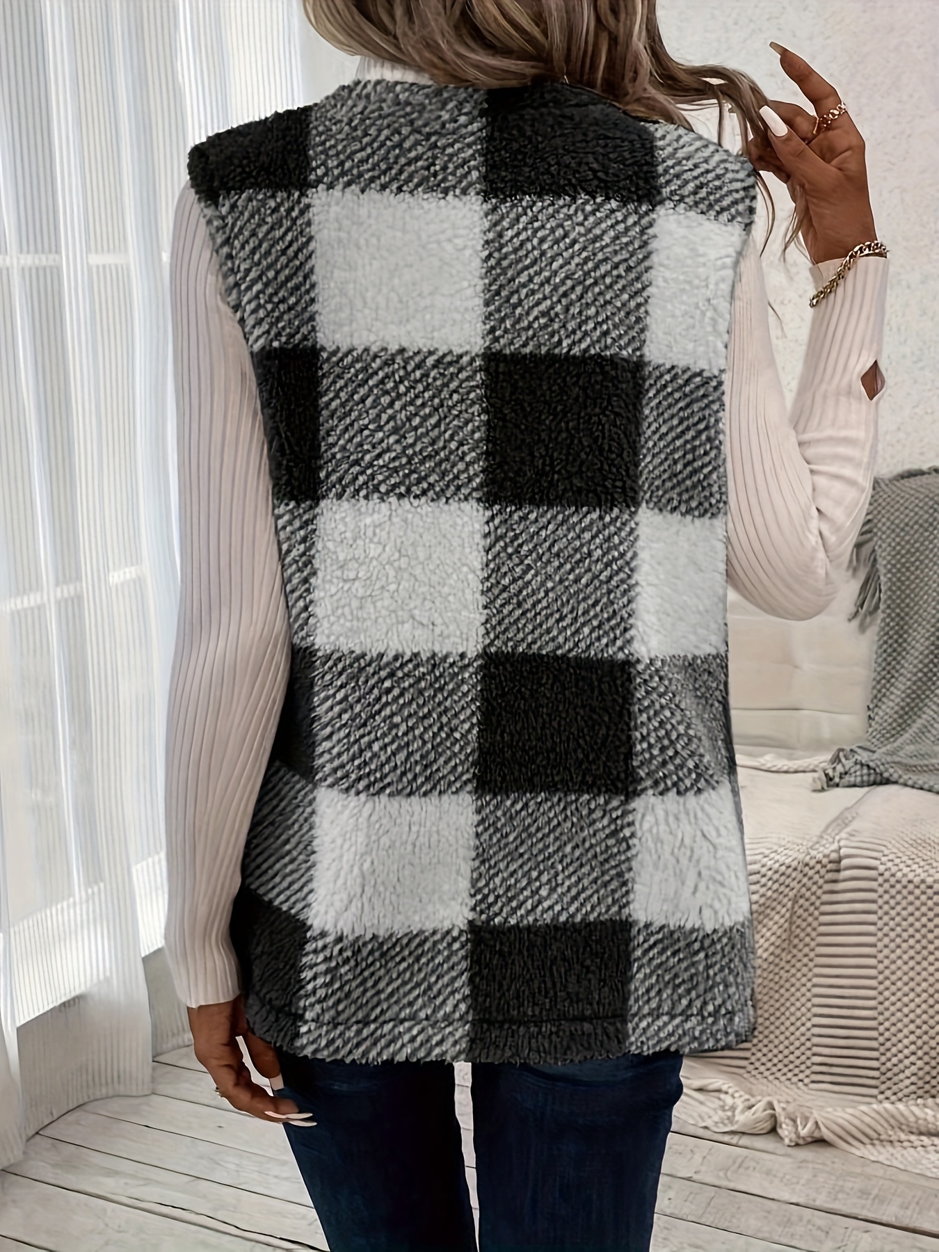 plaid open front teddy vest casual sleeveless winter vest with pocket womens clothing details 11