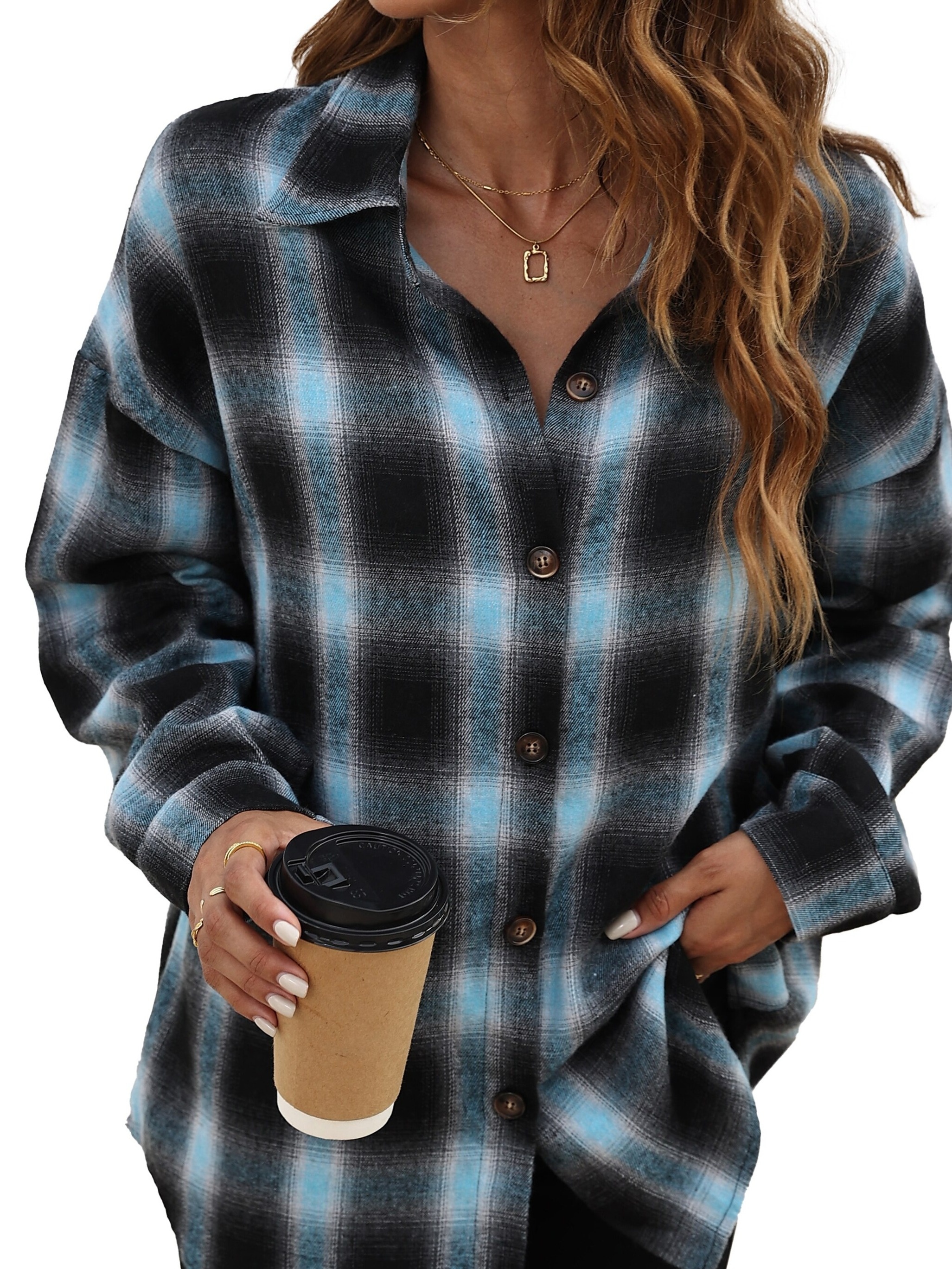 plaid pattern shacket jacket casual button front long sleeve outerwear womens clothing details 2