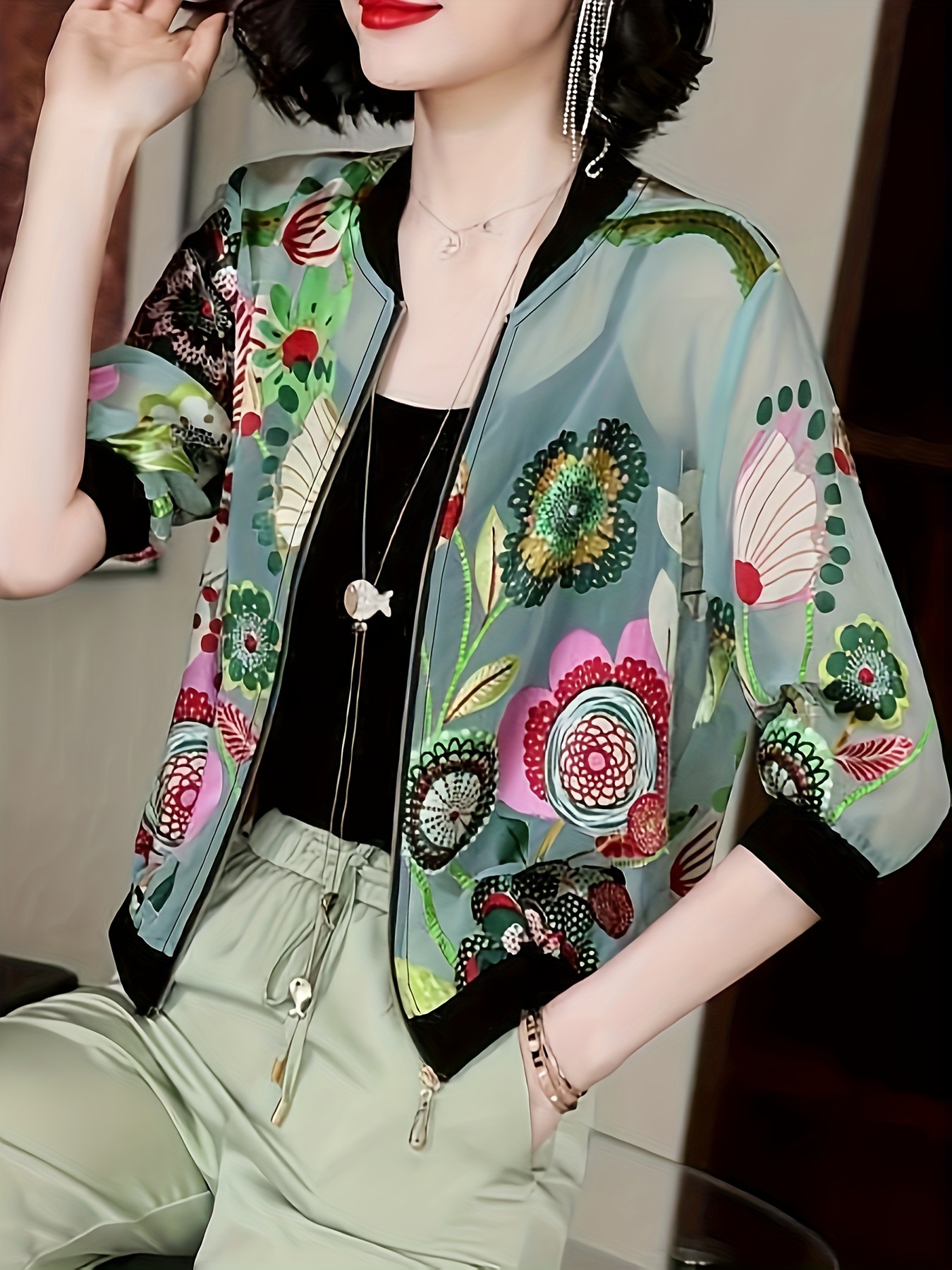 floral print zip up lightweight jacket casual long sleeve baseball collar outerwear for spring summer womens clothing details 10