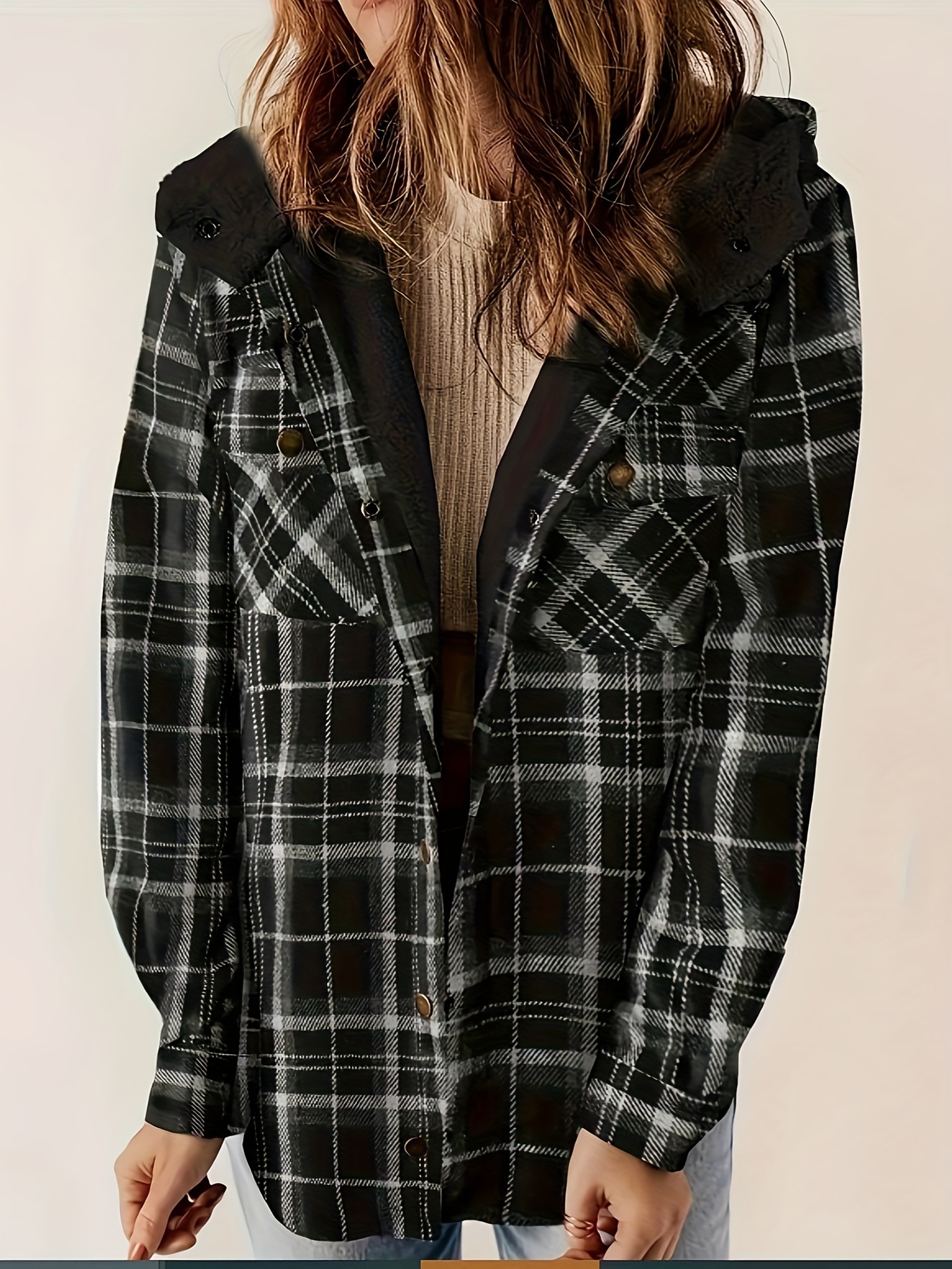 plaid pattern zip up jacket casual hooded long sleeve warm outwear womens clothing details 20