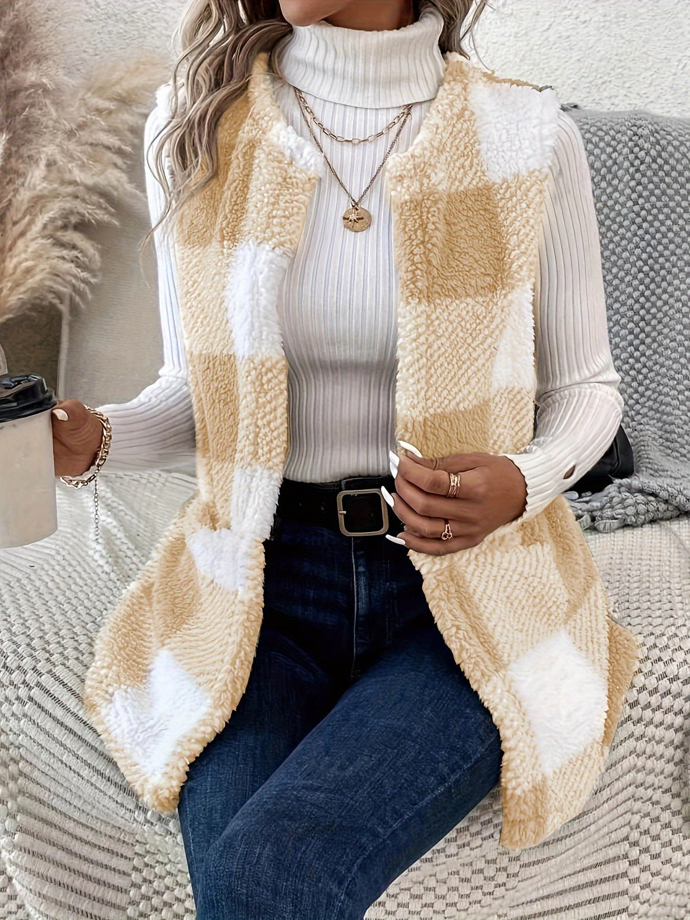 plaid open front teddy vest casual sleeveless winter vest with pocket womens clothing details 15