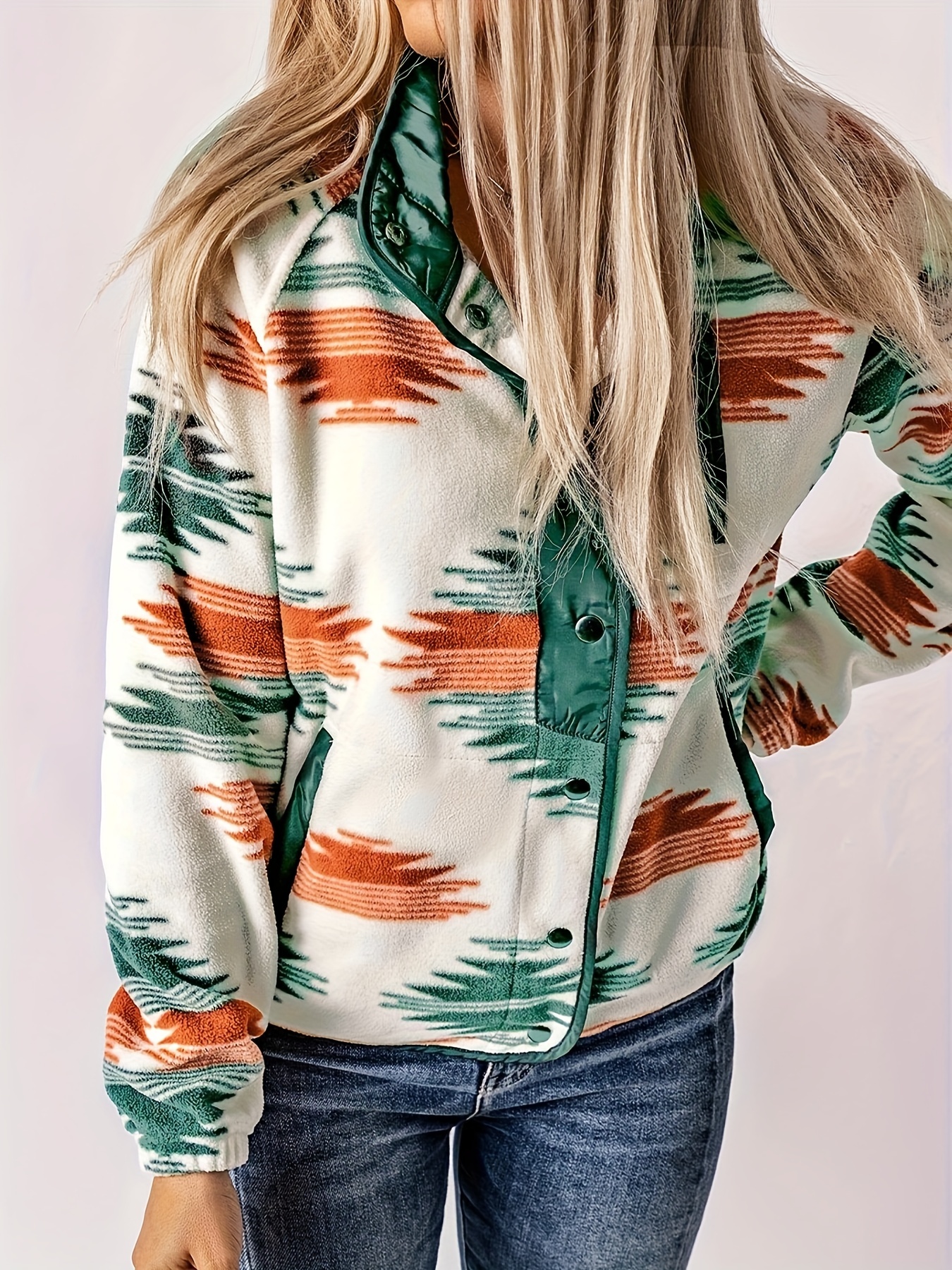 aztec print buttoned retro jacket casual every day outerwear for fall winter womens clothing details 11