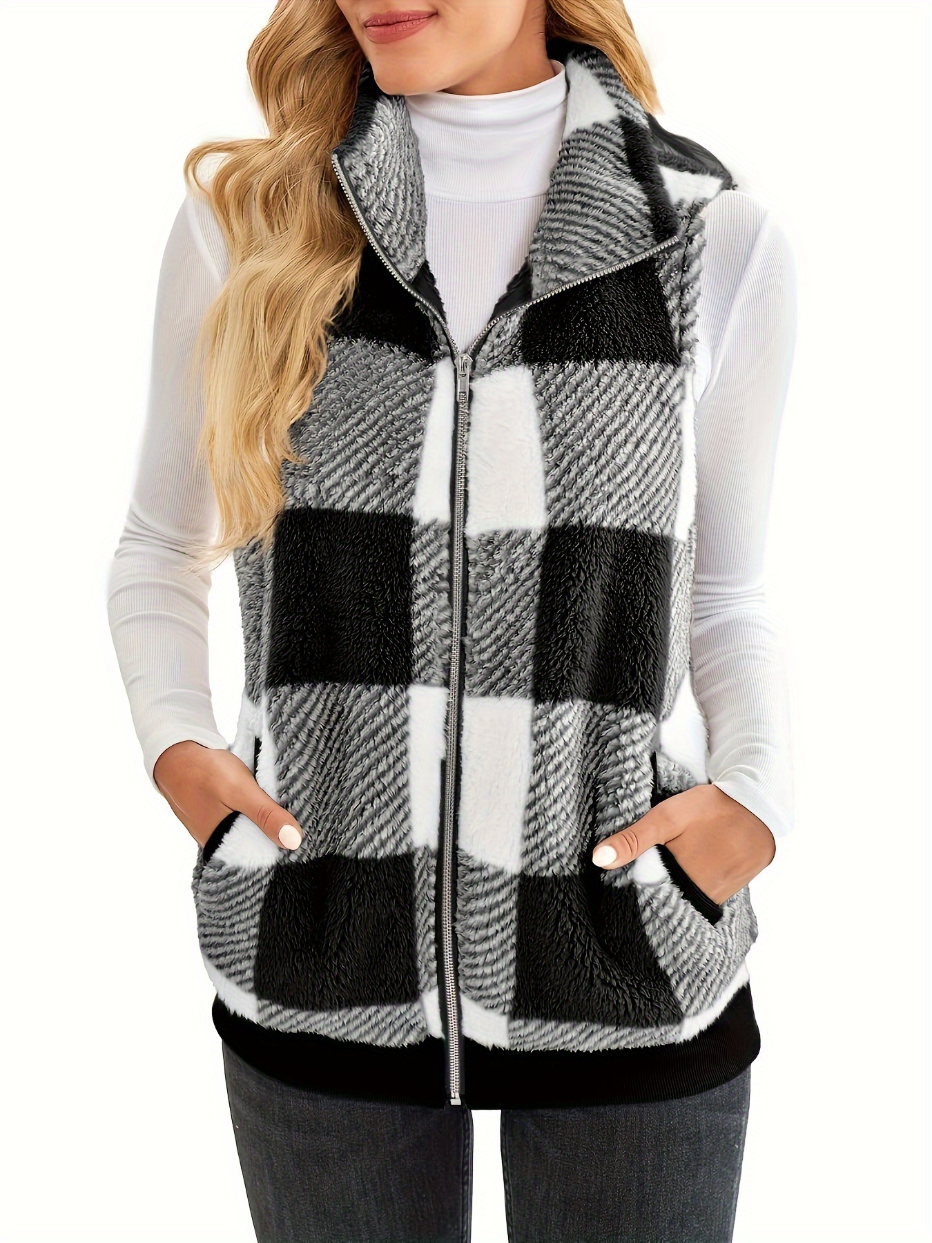 plaid stand collar teddy vest casual zip up sleeveless vest womens clothing details 11