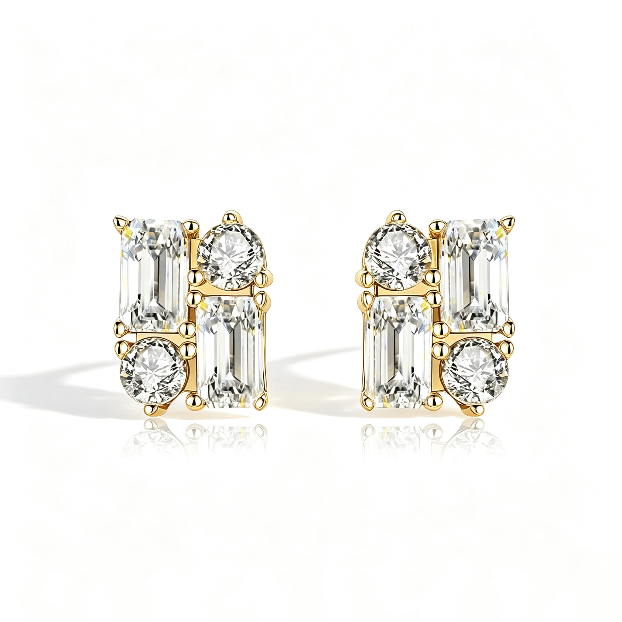Geometric Round&Emerald Moissanite Stud Earrings