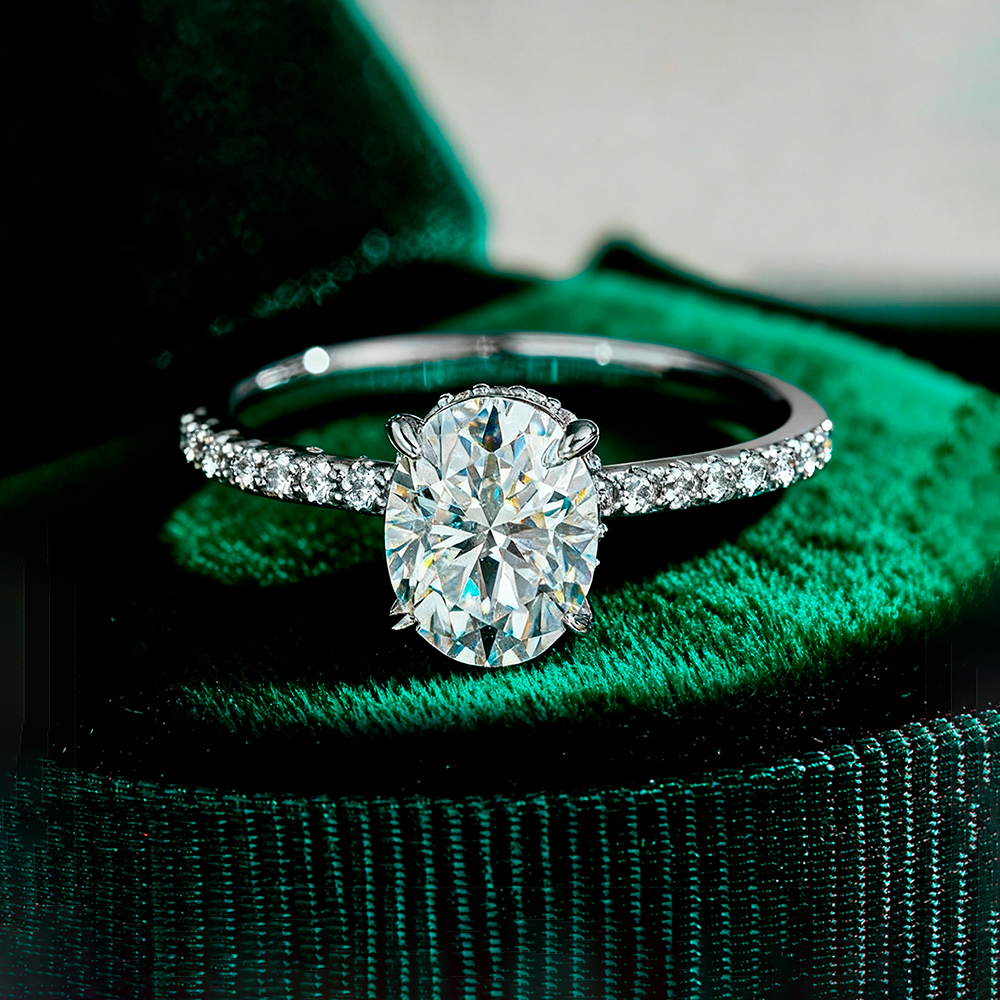 French Pave Hidden Halo Oval Moissanite  Ring