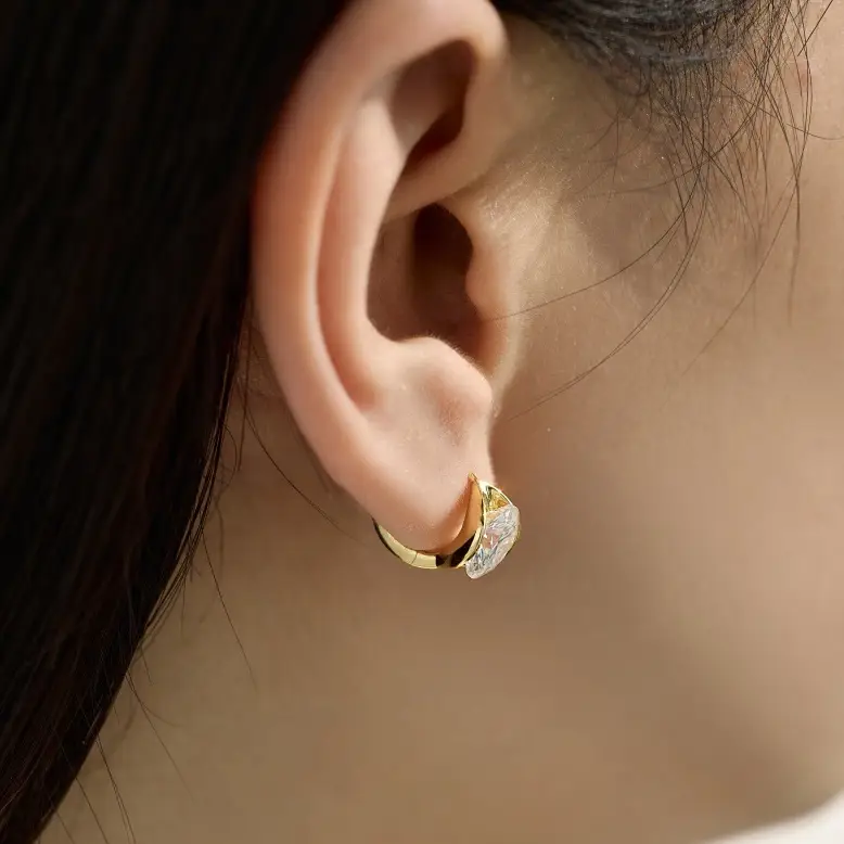 Half Bezel Round Moissanite Hoop Earrings