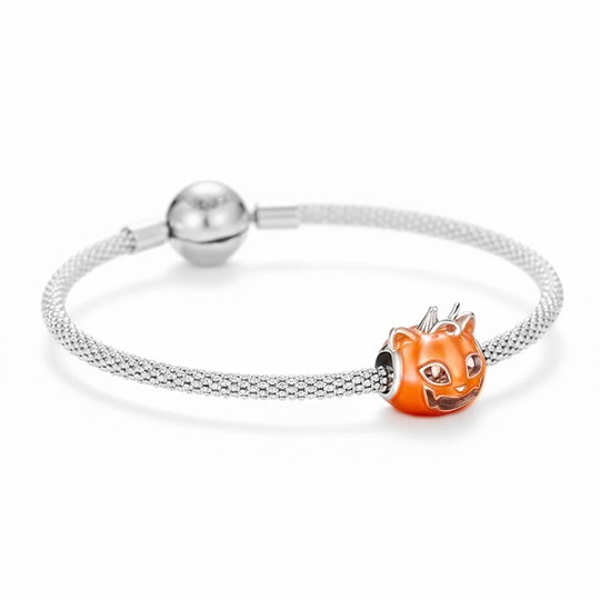 Enchanted Jack-o'-Lantern Cat Silver Bracelet