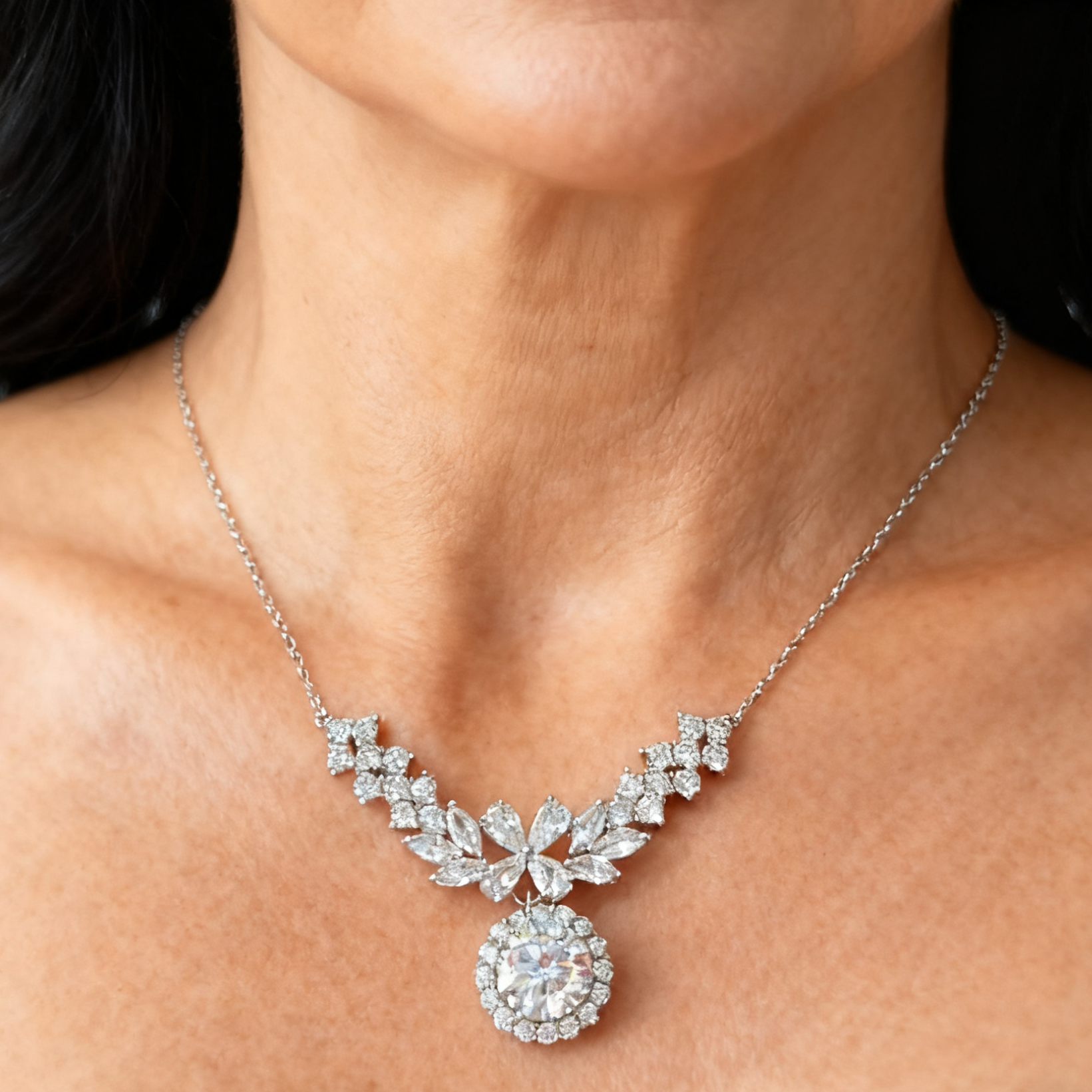 Leaf Cluster Halo Moissanite Necklace