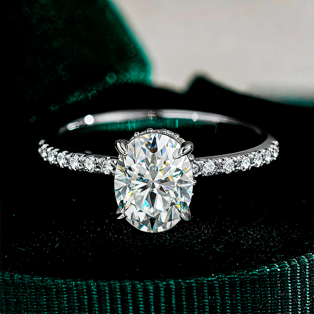 French Pave Hidden Halo Oval Moissanite  Ring
