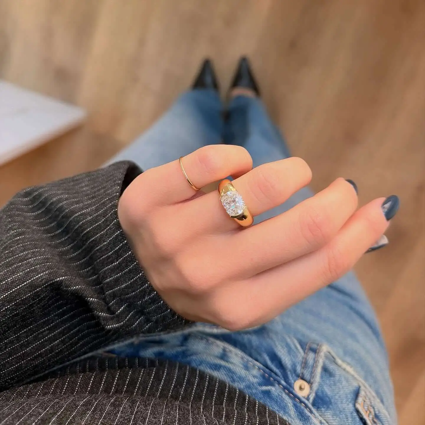 Half Bezel Oval Moissanite Engagement Ring