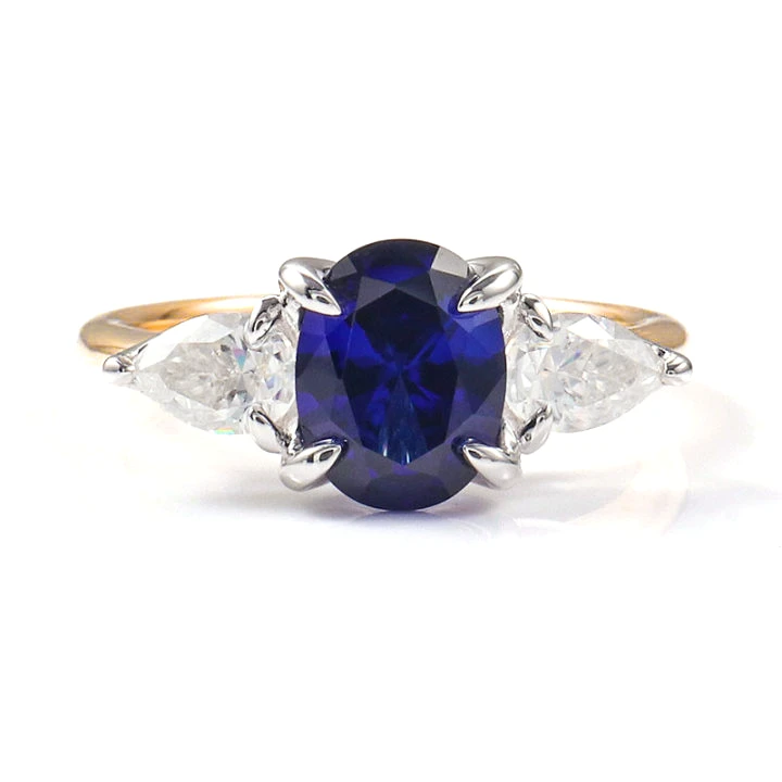 Three Stones Oval Sapphire Engagement Ring with Pear Moissanite