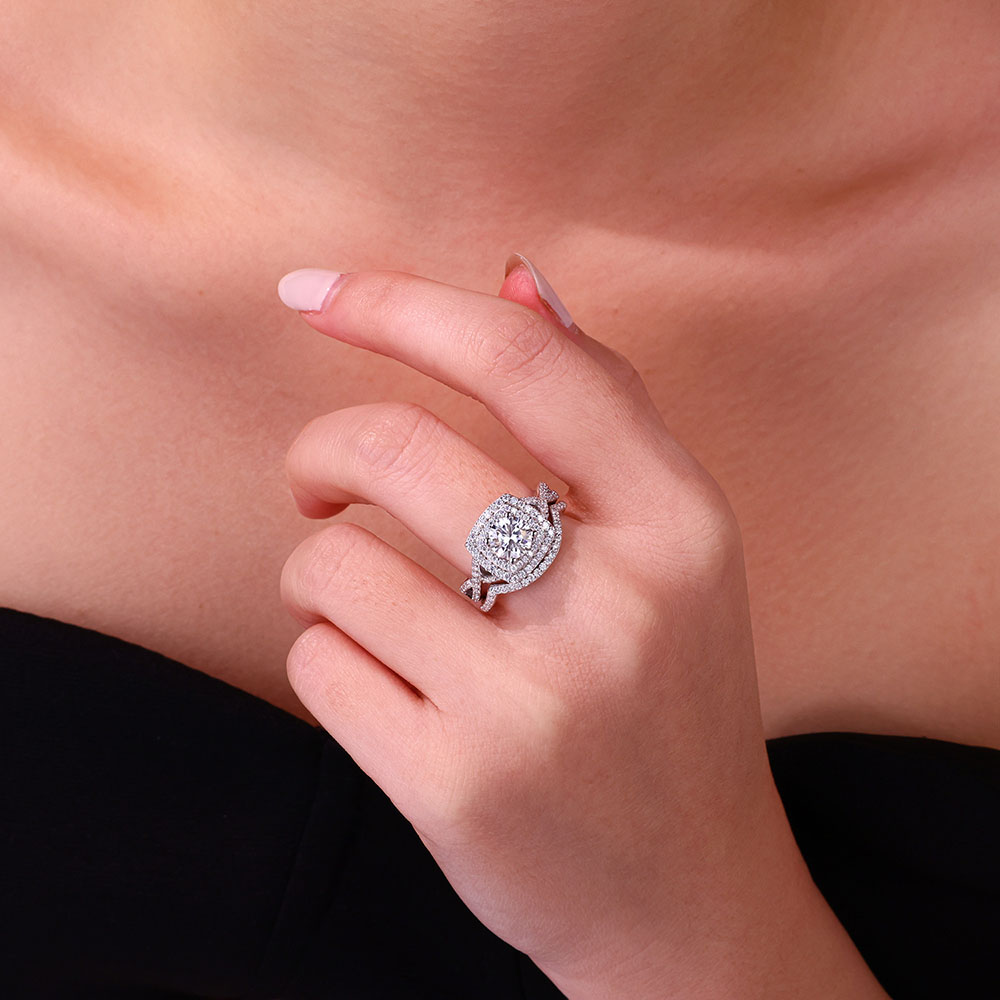 Stackable Double Halo Round Moissanite Ring Set
