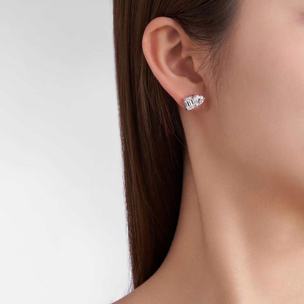 Toi Et Moi Emerald and Heart Moissanite Stud Earrings