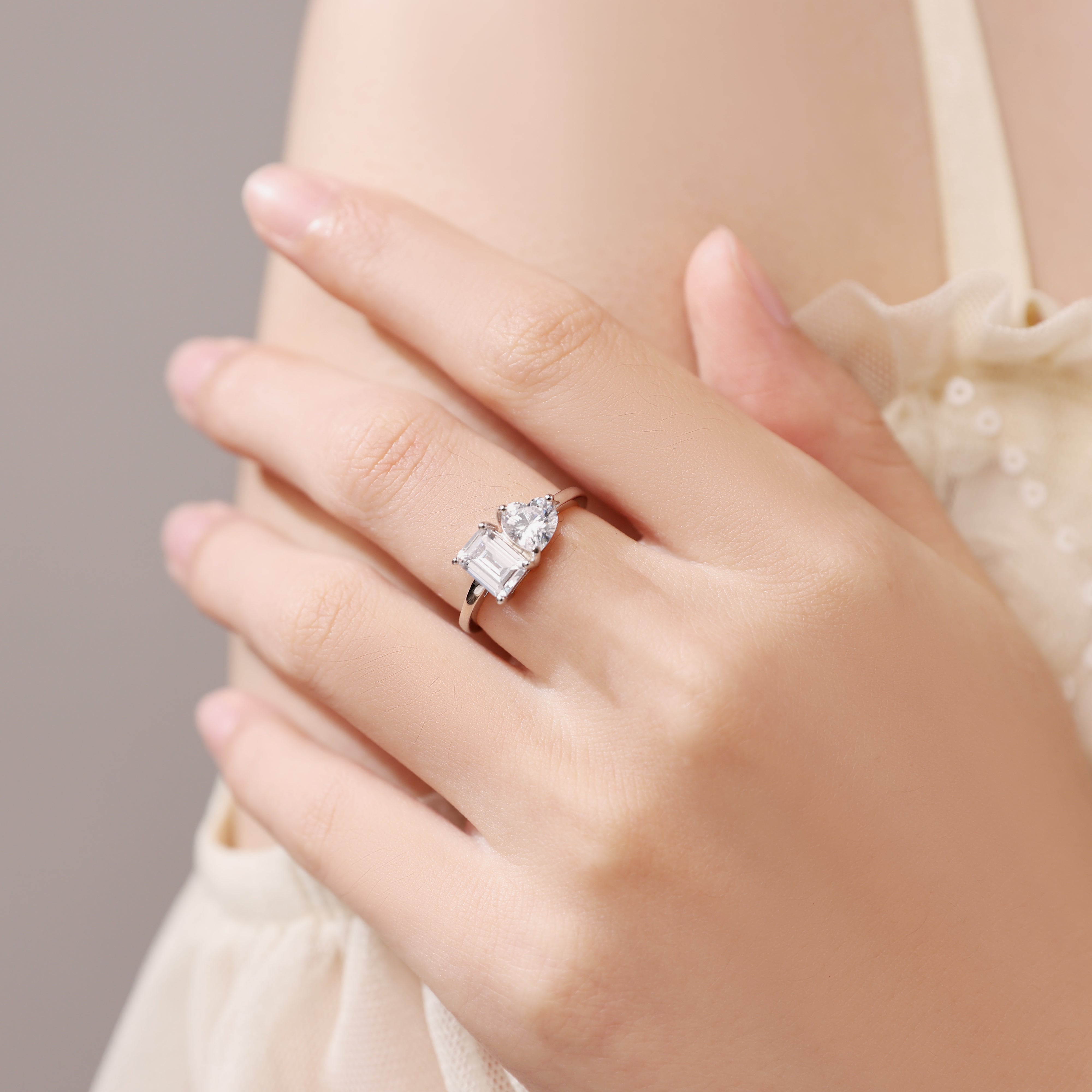 Toi Et Moi Emerald and Heart Moissanite Ring