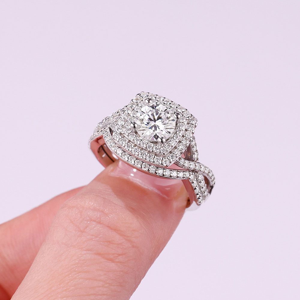 Stackable Double Halo Round Moissanite Ring Set