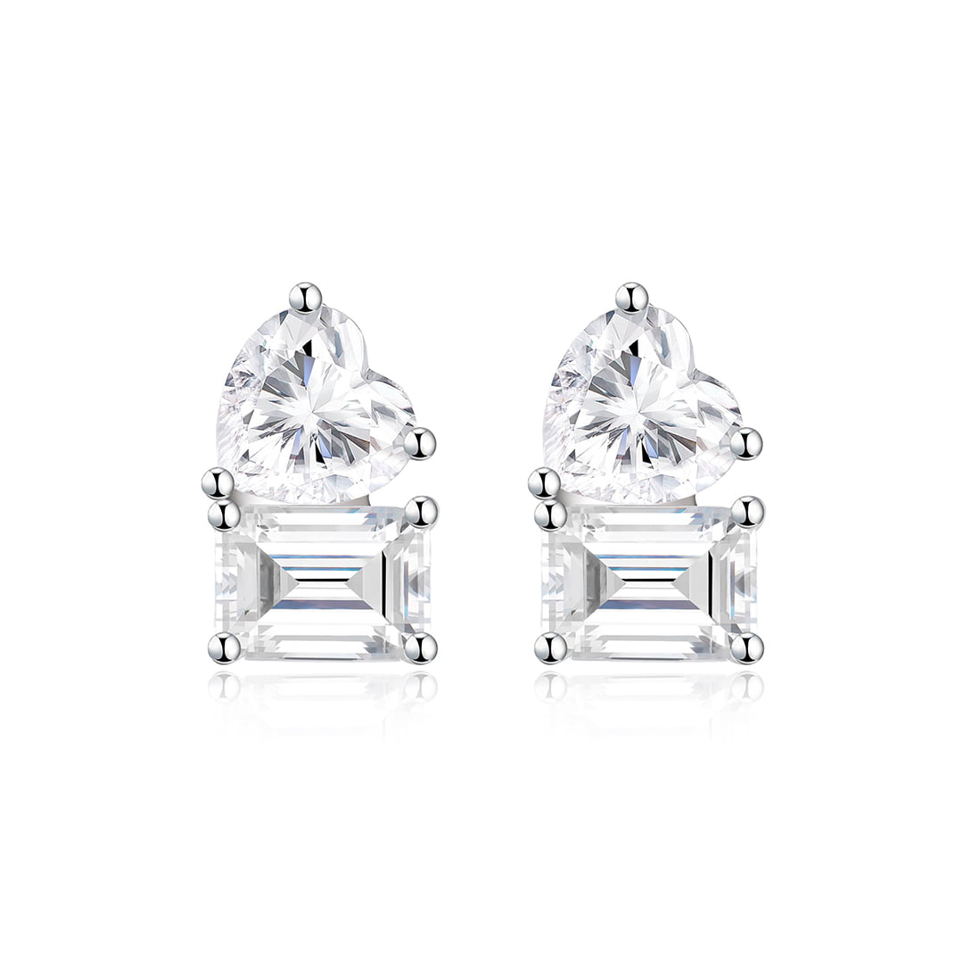 Toi Et Moi Emerald and Heart Moissanite Stud Earrings