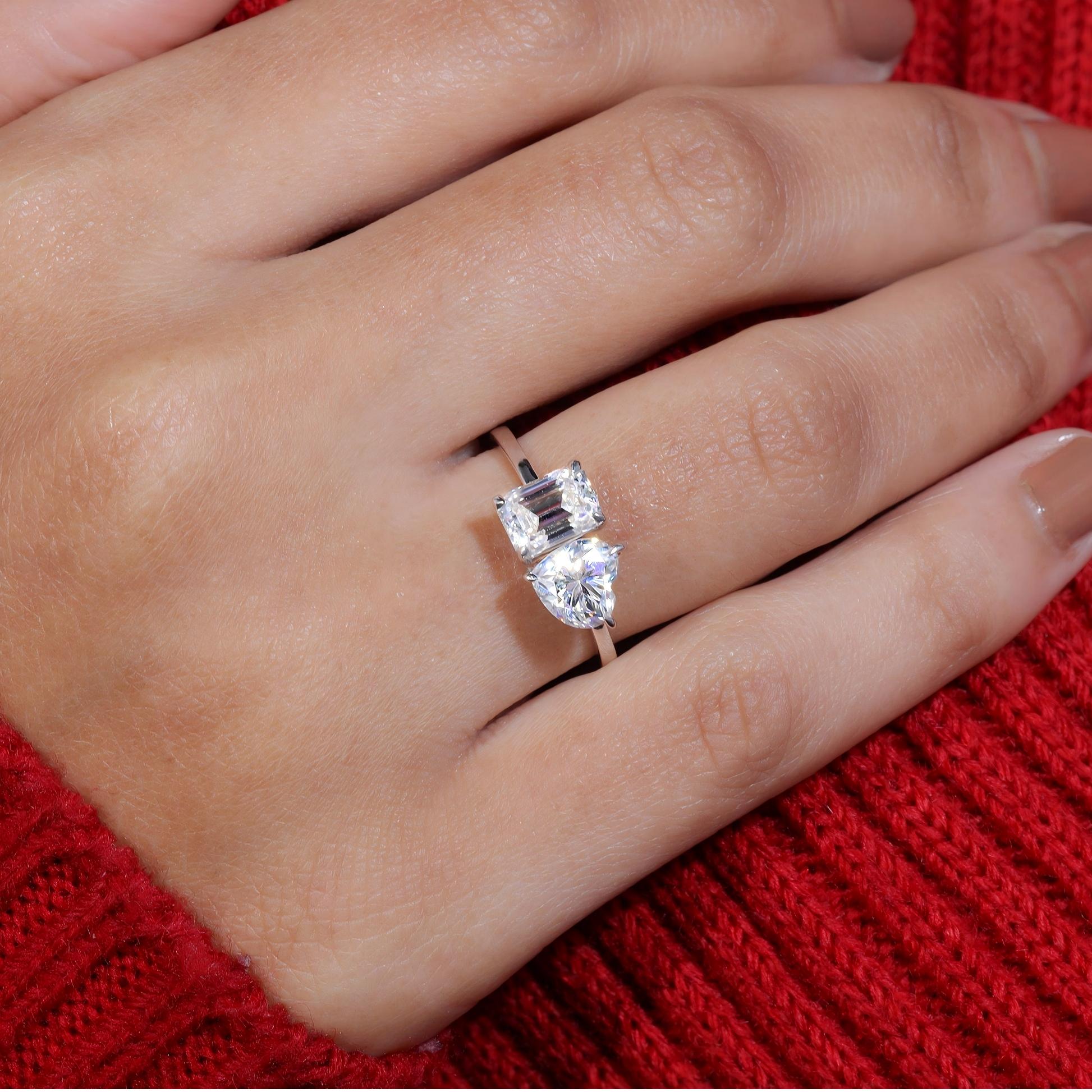 Toi Et Moi Emerald and Heart Moissanite Ring