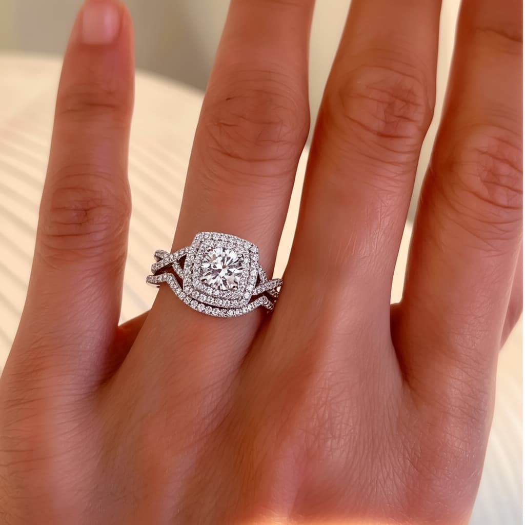 Stackable Double Halo Round Moissanite Ring Set