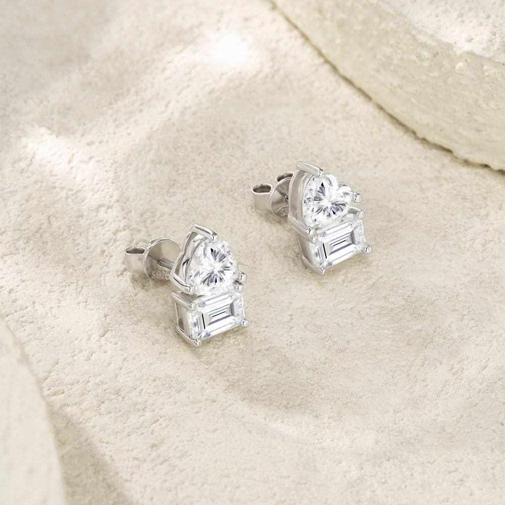Toi Et Moi Emerald and Heart Moissanite Stud Earrings