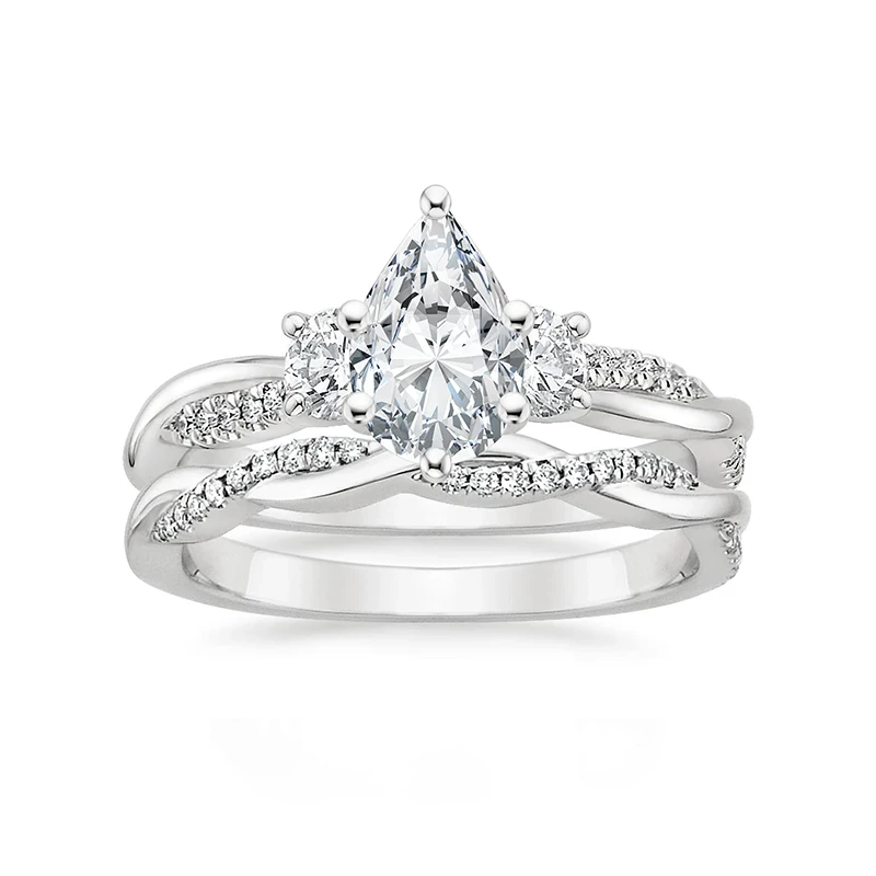 Three Stone Vine Pear Moissanite Bridal Set Rings