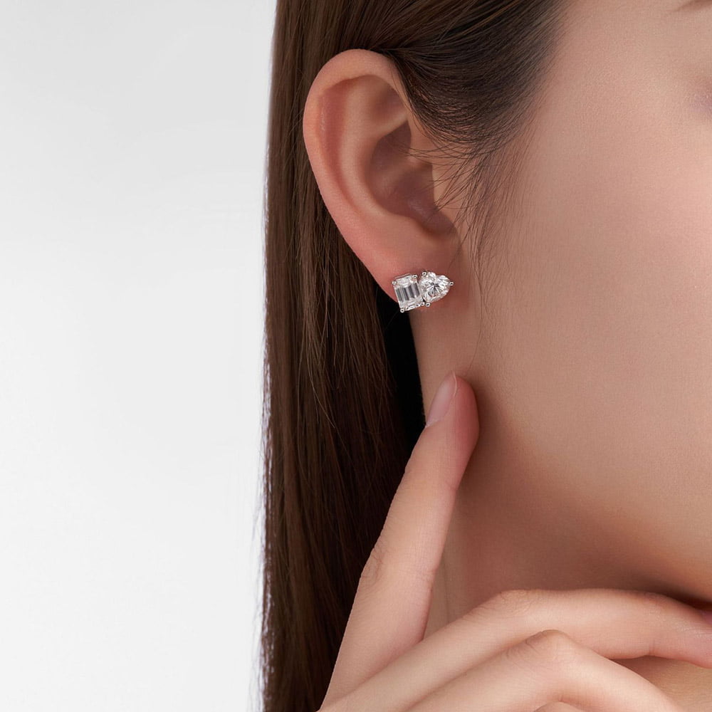 Toi Et Moi Emerald and Heart Moissanite Stud Earrings