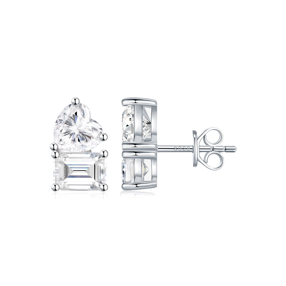 Toi Et Moi Emerald and Heart Moissanite Stud Earrings