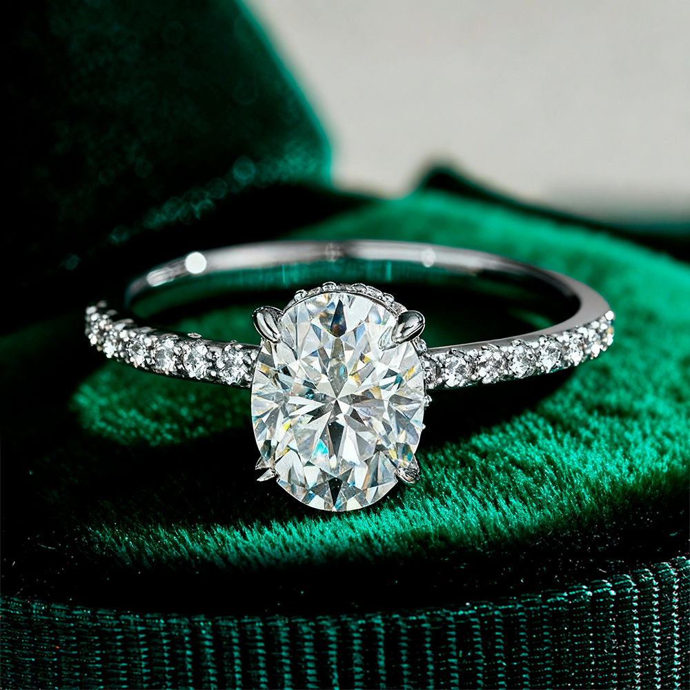 French Pave Hidden Halo Oval Moissanite  Ring