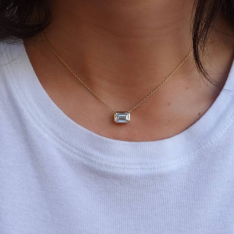Bezel Emerald Shape Moissanite Pendant