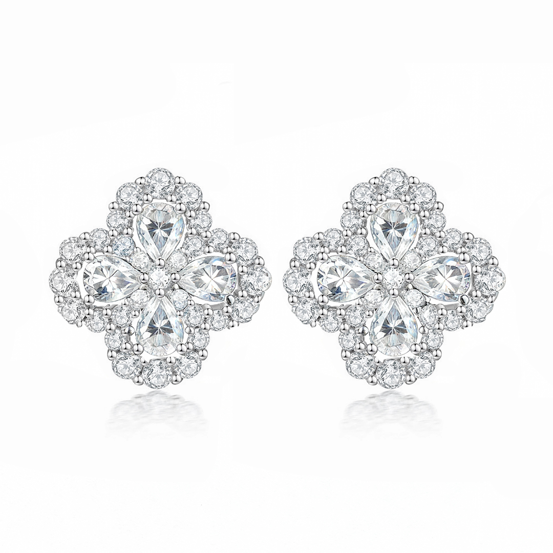Halo Clover Moissanite Stud Earrings
