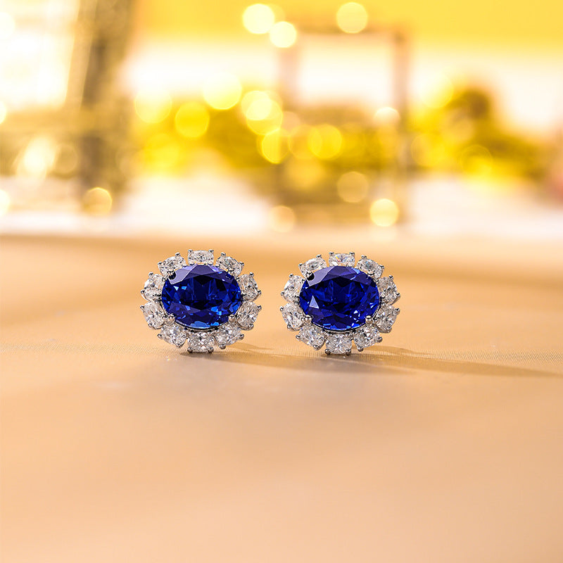 Halo Oval Blue Cultured Sapphire Earrings-VOOGME